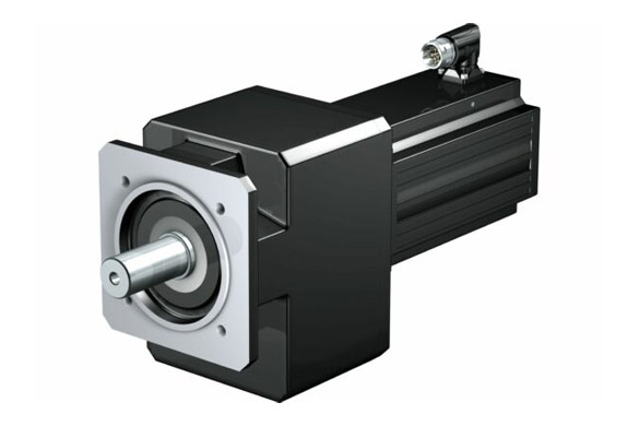 Compact IE5 helical geared motor with helical gearing.