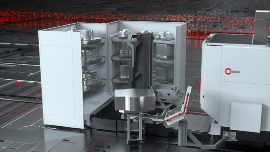 The tower inside the cell can perform rotating, lifting and travel movements. It feeds the workpieces to the setup station, storage modules and work area. 